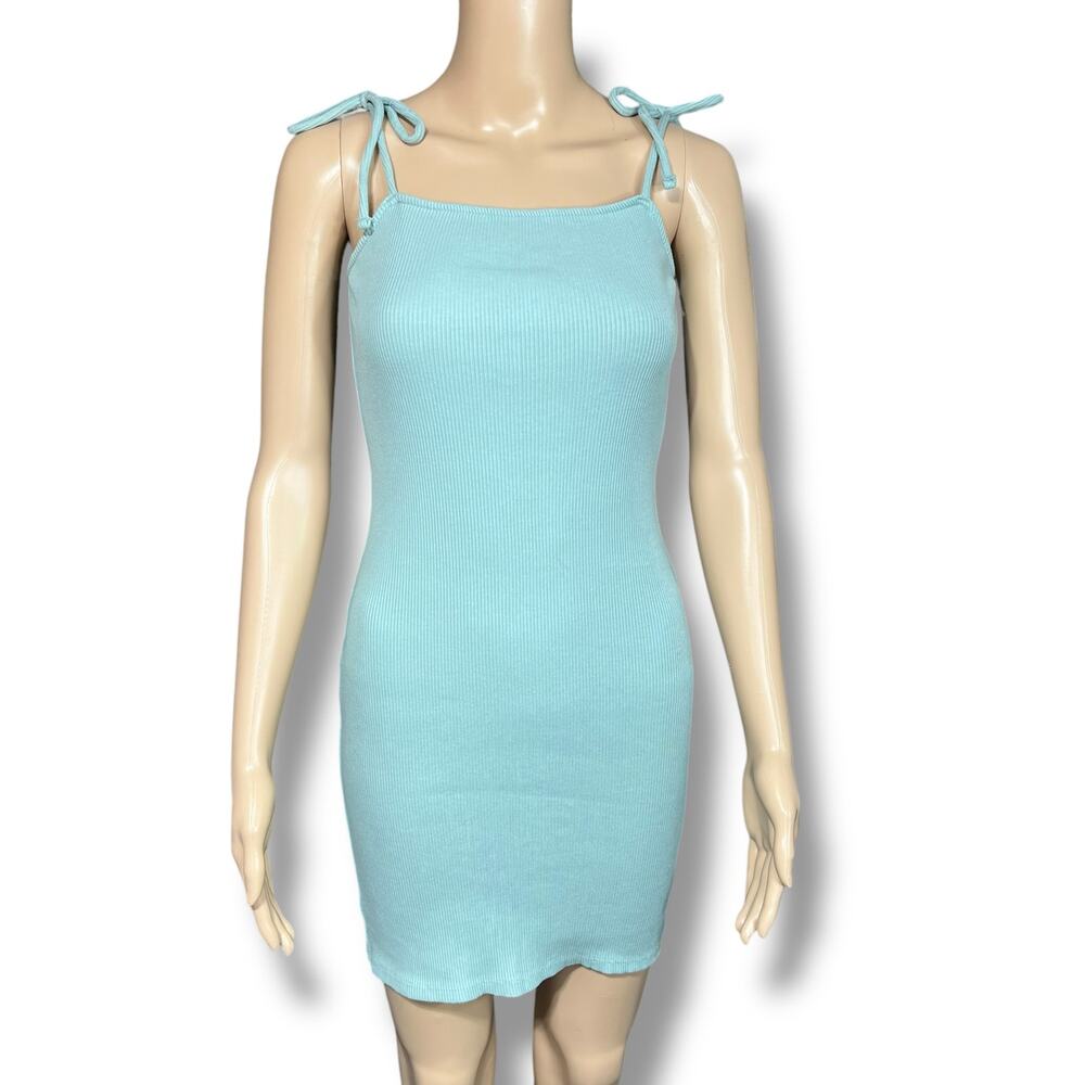 Wild Fable Medium Ribbed Bodycon Mini Dress Blue Tie Shoulder Knit Slip Dress